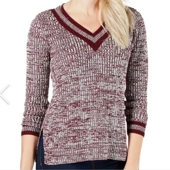 Maison Jules Oreppy Collegiate Women's V Neck Sweater Knit Dark Red Size S - Picture 1 of 10